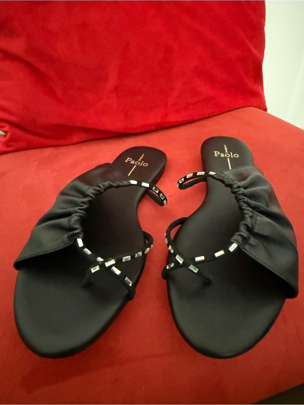 Paolo Black Leather Slide Sandals with Crystal Straps